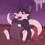 1:1 2016 3_fingers 3_toes alolan_form alolan_raticate ambiguous_gender belly big_belly biped blush claws countershade_fur countershade_torso countershading dark_body dark_fur dessert digital_media_(artwork) doughnut eating eating_food fangs feet female_(lore) feral fingers flat_colors floor food front_view fur generation_7_pokemon gloves_(marking) hand_on_belly hi_res inside leg_markings long_tail markings nintendo nude open_mouth overweight overweight_ambiguous overweight_feral pastry pink_eyes pink_feet pink_hands pink_tail pokemon pokemon_(species) purple_body purple_countershading purple_inner_ear rat_tail regional_form_(pokemon) ruff shikaro signature sitting socks_(marking) solo tail tail_wraps teeth toe_claws toes tongue tongue_out wood wood_floor wraps