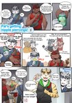 absurd_res anthro blush boss_(gym_pals) bottomwear bovid bovine canid canine canis cattle clothing comic dialogue drinking english_text felid gym_pals h155296 hat headgear headwear hi_res male mammal manager_(gym_pals) myosotis_(gym_pals) pal_(gym_pals) pantherine shorts text tiger wolf