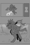 anthro blush bodily_fluids comic cum cum_from_ass cum_in_ass cum_inside dialogue duo excessive_cum excessive_genital_fluids fur generation_4_pokemon generation_9_pokemon genital_fluids hi_res lucario lying male meowscarada monochrome nintendo on_side pawpads pokemon pokemon_(species) samu_(sincastermon) sincastermon tail vine_(sincastermon)