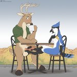 1:1 2023 anthro antlers avian ball_fondling balls bent_legs beverage biped bird black_eyebrows black_nose blue_body blue_feathers blue_jay bottomless bottomless_anthro bottomless_female bottomless_male breasts brown_body brown_fur clothed clothing clothing_lift cloven_hooves coffee container corvid countershade_arms countershade_face countershade_feet countershade_fur countershade_neck countershade_tail countershade_torso countershading cup deer drinking duo erection eyebrows feathers feet female flashing flashing_breasts fondling foot_fetish foot_on_balls foot_play footjob fur furniture genitals hi_res holding_beverage holding_container holding_cup holding_mug holding_object hooves horn humanoid_genitalia humanoid_penis jay_(bird) jishinu looking_at_another male male/female mammal mug multicolored_body multicolored_feathers new_world_jay nipples non-mammal_breasts open_mouth open_smile oscine passerine penis public public_exposure public_sex scut_tail sex shirt shirt_lift short_tail sitting smile straight_arm table tail talonjob talons text toes topwear two_tone_body two_tone_feathers under_table under_table_footjob url