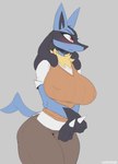 2022 absurd_res anthro big_breasts blue_body blue_fur breasts canid canine clothing cooliehigh female fur generation_4_pokemon hi_res lucario mammal nintendo pokemon pokemon_(species) red_eyes simple_background solo sweater topwear