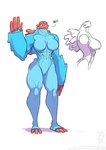 2021 anthro big_breasts blue_body breasts conditional_dnp dialogue empty_eyes english_text featureless_breasts featureless_crotch female jollyjack kaiju looking_at_viewer macro red_body side_profile simple_background solo text white_background white_eyes