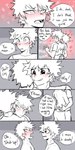 1:2 absurd_res blush bodily_fluids clothed clothing comic crying dialogue duo english_text freckles hair hi_res hug human human_only izuku_midoriya katsuki_bakugou male male/male mammal my_hero_academia not_furry pretty_werewolf shirt smile speech_bubble spot_color tears tears_of_joy text topless topwear