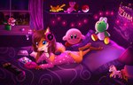 14:9 anthro bed bedroom blue_eyes bottomwear canid canine cd_player clothing electronics elemental_creature female flora_fauna fox fur furniture generation_1_pokemon green_yoshi hasbro headphones kirby_(series) lying mammal mario_bros musical_note musical_symbol my_little_pony nintendo nintendo_switch on_bed orange_body orange_fur pants pikachu piranha_plant plant pokeball pokemon pokemon_(species) rukifox solo symbol the_legend_of_zelda yoshi yumi_(yatofox)