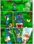 anthro attack battle berry black_body black_fur blue_body blue_fur canid canine comic detailed_background dusty's_poke'adventure female food forest fruit fur generation_2_pokemon generation_3_pokemon generation_4_pokemon generation_5_pokemon kecleon lucario mammal mienfoo nintendo outside plant pokemon pokemon_(species) sunkern tail tree tydrian yellow_body yellow_fur