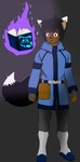 absurd_res anthro black_hair blue_clothing blue_coat blue_footwear blue_shoes blue_topwear bottomwear canid canine clothing coat dark_body dark_skin digital_media_(artwork) footwear fox grey_bottomwear grey_clothing grey_pants grimoire hair hi_res hybrid magic_user magic_user_outfit male mammal pants purple_eyes shoes sinisterslyfox solo topwear