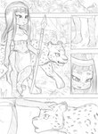 2023 bottomwear breasts cleavage clothed clothing comic daigaijin dark_body dark_skin duo felid female feral fur greyscale hair hi_res human jaguar loincloth mammal markings melee_weapon midriff monochrome native_american outside pantherine polearm sketch spear spots spotted_body spotted_fur tribal weapon