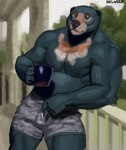 2023 absurd_res anthro areola artist_name bear belwulf biceps biped black_body black_fur brown_body brown_fur clothed clothing container cup digital_media_(artwork) eyebrows fur grass hi_res holding_container holding_cup holding_mug holding_object male mammal mug musclegut muscular muscular_anthro muscular_male muscular_thighs nipples outside pecs plant pose quads smile solo sun_bear tan_body tan_fur thick_thighs topless tree underwear underwear_only ursine vein veiny_arms veiny_muscles werecreature wereursid