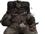 abs bottomwear bulge clothing digital_drawing_(artwork) digital_media_(artwork) ear_piercing ear_ring fangs felid final_fantasy final_fantasy_xiv fur hi_res hrothgar male mammal muscular muscular_male nipple_piercing nipple_ring nipples p2yong pants piercing ring_piercing simple_background sitting solo square_enix teeth white_background