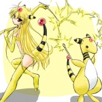 1:1 alternate_species ampharos animal_humanoid blonde_hair duo female feral generation_2_pokemon hair humanoid humanoidized long_hair low_res nintendo pokemon pokemon_(species) pokemon_humanoid pokemorph ranphafranboise tail yellow_body yellow_skin