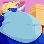 1:1 anthro belly big_belly big_breasts big_butt blue_body blush breasts butt digital_media_(artwork) enkah female generation_5_pokemon hi_res mammal nintendo nude obese obese_anthro obese_female overweight overweight_anthro overweight_female pixel_(artwork) pokemon pokemon_(species) samurott simple_background solo wide_hips