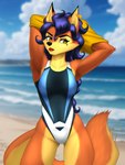 absurd_res anthro beach black_nose blue_hair breasts canid canine carmelita_fox clothing day ear_piercing ear_ring female fox fur hair hi_res jacket mammal markings mole_(marking) mole_under_eye mykegreywolf one-piece_swimsuit orange_body orange_fur outside piercing ring_piercing sand sea sly_cooper_(series) solo sony_corporation sony_interactive_entertainment sucker_punch_productions swimwear tail topwear water