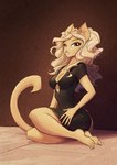 2022 anthro blonde_hair breasts brown_eyes cleavage clothed clothing conditional_dnp domestic_cat dress felid feline felis female fully_clothed fur hair jollyjack looking_at_viewer mammal sitting solo tail tan_body tan_fur