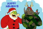 2022 alligator alligatorid anthro avian biped black_rhinoceros blind brok_(brok_the_investigator) brok_the_investigator christmas christmas_clothing christmas_headwear clothing cowcat_games crocodilian disability egg english_text green_body group hat headgear headwear hi_res holidays horn humanoid_hands male mammal muscular muscular_male niles_(tales_from_scorchwater_valley) pronounced_browridge red-billed_oxpecker red_(tales_from_scorchwater_valley) reptile rhinoceros santa_claus santa_hat scalie slightly_chubby sweater tales_from_scorchwater_valley text the_rhino_and_the_red_bill thosekidsnextdoor101 topwear