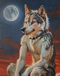 anthro canid canine canis cloud collar collar_only creeps full_moon hand_in_lap hi_res looking_offscreen male mammal moon night nude oil_painting_(artwork) outdoor_nudity outside sitting sky solo star starry_sky sunset traditional_media_(artwork) wolf