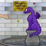 1:1 2019 airborne_coin airborne_object ambiguous_gender coin dragon duo english_text fountain foxenawolf gold_(metal) gold_coin heart_reaction heart_symbol membrane_(anatomy) membranous_wings money mythological_creature mythological_scalie mythology purple_body purple_scales scales scalie solo_focus tail text wings