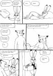 anthro bernielover blush canid canine clothed clothing comic dialogue disney duo english_text female fox hi_res judy_hopps lagomorph leporid long_ears male mammal monochrome nick_wilde off_shoulder police police_uniform rabbit red_fox simple_background speech_bubble text true_fox uniform white_background zootopia