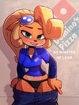 2023 3:4 absurd_res activision anthro bandicoot blonde_hair blush bottomwear butt butt_from_the_front clothing coco_bandicoot crash_bandicoot_(series) crossxvii dialogue domino's_pizza english_text eyebrows eyelashes eyewear eyewear_on_head female fingers fur goggles goggles_on_head green_eyes hair half-closed_eyes half-length_portrait hi_res looking_at_viewer mammal marsupial multicolored_body multicolored_fur narrowed_eyes navel panties pants ponytail portrait solo tan_body tan_fur teeth text tongue topwear two_tone_body two_tone_fur underwear undressing