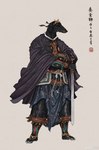 2021 anthro armor asian_clothing barefoot canid canine canis cape chinese_clothing chinese_text clothed clothing crown domestic_dog east_asian_clothing fantasy feet fully_clothed headgear hi_res jian lamellar_armor male mammal melee_weapon muyang_fort robe solo text twenty-eight_mansions warrior weapon