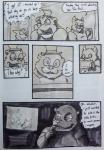 animatronic anthro bear canid canine comic dialogue english_text five_nights_at_freddy's foxy_(fnaf) freddy_(fnaf) golden_freddy_(fnaf) group hi_res machine male mammal monochrome raccoon_dog robot scottgames simple_background tanuki text uniparasite