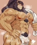 abs anthro asian_clothing brown_body brown_fur clothing east_asian_clothing eyebrows felid fundoshi fur hi_res japanese_clothing kaeru333938123 lifewonders lion live_a_hero male mammal muscular muscular_anthro muscular_male musk musk_clouds nipples pantherine pecs pubes scar solo thick_eyebrows toshu towel translucent translucent_clothing underwear wet wet_body