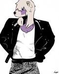 4:5 absurd_res alternative_fashion anthro biped borealhao bottomwear clothing denim denim_bottomwear denim_clothing digital_media_(artwork) front_view fur hi_res jacket jeans lamapola leather leather_clothing leather_topwear male mammal markings multicolored_body multicolored_fur mustelid pants portrait purple_body purple_fur shirt signature simple_background solo standing toony topwear undershirt vinea_(lamapola) white_background white_body white_fur