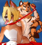 absurd_res ahegao anthro bdsm bite biting_lip blush bodily_fluids canid canine collar digital_media_(artwork) duo felid femboy fur hi_res jiggles looking_pleasured male male/male mammal muscular nipples nude open_mouth pantherine saliva saliva_on_tongue saliva_string simple_background striped_body stripes tail tiger tongue tongue_out