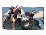 2024 alternate_species anthro attack_on_titan axian6777 canid canine clothed clothed_anthro clothed_female clothed_male clothing cloud digital_drawing_(artwork) digital_media_(artwork) domestic_cat duo eye_contact eyewear felid feline felis female female_anthro fur furrification glasses grey_body grey_fur hair hair_grab hange_zoe hi_res inner_ear_fluff levi_ackerman looking_at_another male male_anthro mammal mouth_closed open_mouth prick_ears sky tail touching_hair tuft wearing_glasses