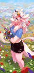 anthro antlers black_hotpants blue_clothing blue_eyes blue_shirt blue_t-shirt blue_topwear blurred_background clothed clothing corzh77 daisy_(flower) dandelion dragon eyewear female flower full-length_portrait fur furred_dragon furred_scalie glasses grass hair hair_over_eye hi_res holding_flower holding_object horn meadow mythological_creature mythological_scalie mythology narrowed_eyes one_eye_obstructed pink_body pink_fur plant poppy_(flower) portrait purple_flower red_flower round_glasses scalie shirt solo standing t-shirt tail tail_tuft topwear tuft white_antlers white_flower white_hair