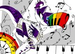 2016 anthro blue_eyes canid canine clothed clothing female fox fur giennah_(nelljoestar) keyboard_instrument long_tail mammal music musical_instrument musical_note musical_symbol nelljoestar purple_body purple_fur smile solo symbol tail