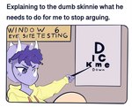 absurd_res anon_(snoot_game) anthro bald cavemanon_studios clothed clothing def_not_sketch duo english_text facial_horn female freckled_face freckles goodbye_volcano_high hair hi_res hoodie horn human humor male mammal meme purple_body purple_eyes purple_hair snoot_game text topwear trish_(gvh)