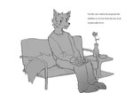 2024 anthro biped canid canine canis english_text fur furniture grey_body grey_fur hi_res itooku itooku_(character) looking_at_viewer male mammal monochrome on_sofa sitting sitting_on_sofa slim_anthro slim_male sofa solo talking_to_viewer text wolf