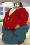 alythewolfcat animal_crossing anthro balls_outline belly big_belly big_bulge big_muscles bulge business_suit canid canine canis clothing detailed_bulge digby_(animal_crossing) domestic_dog english_text genital_outline hi_res huge_belly huge_bulge huge_hips huge_muscles hyper hyper_bulge lifting_belly male mammal musclegut muscular nintendo shih_tzu solo suit text toy_dog wide_hips