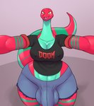 anthro balls_outline big_breasts big_bulge biped bottomwear breasts bulge clothing detailed_bulge genital_outline green_body gynomorph gynomorph_anthro hi_res intersex intersex_anthro jovi_cap lizard nipple_outline pants penis_outline red_body reptile scalie shirt shorts solo tail thick_thighs topwear yellow_eyes