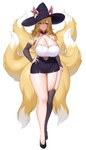 4:7 6_tails absurd_res animal_humanoid big_breasts blonde_hair bottomwear breasts canid canid_humanoid canine canine_humanoid cleavage clothed clothing dipstick_tail female fox_humanoid hair hat headgear headwear hi_res huge_breasts humanoid mammal mammal_humanoid markings multi_tail navel skirt solo suruga_(xsurugax) tail tail_markings wide_hips witch_hat yellow_tail