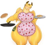 anthro apron apron_only banana banana_dragon breasts chiquita_(brand) chiquita_(colarix) clothing cookware curvy_figure dragon elemental_creature eyes_closed female flipping_pancake flora_fauna food food_creature fruit frying_pan kitchen_utensils living_fruit mythological_creature mythological_scalie mythology non-mammal_breasts overweight pancake plant plate reptile scalie skwmt4 smile solo strawberry thick_thighs tools wide_hips wings yellow_body