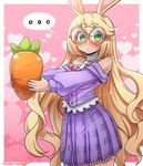 absurd_res animal_humanoid blonde_hair blush border breasts carrot clothing dress ellipsis eyewear female food glasses green_eyes hair heart_symbol hi_res holding_carrot holding_food holding_object holding_vegetable humanoid hybrid lagomorph lagomorph_humanoid leporid_humanoid long_hair mammal mammal_humanoid medium_breasts morbidlycutecrunch pink_background plant purple_clothing purple_dress rabbit_humanoid simple_background solo vegetable white_border