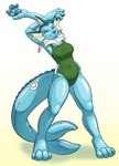 2019 after_transformation animate_inanimate anthro blue_body breasts clothing digital_media_(artwork) digitigrade ear_piercing ear_tag eeveelution eyes_closed female generation_1_pokemon handle hi_res inflatable living_inflatable nintendo nozzle one-piece_swimsuit oter piercing pokemon pokemon_(species) simple_background smile solo standing stretching swimwear vaporeon