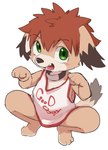 anthro blush bottomless canid canine caninu canis child clothed clothing collar countershading crouching cyberconnect2 domestic_dog fangs fur hair hi_res little_tail_bronx looking_at_viewer looking_up male mammal mamoru-kun mamoru-kun_(series) manmosu_marimo red_hair shirt shirt_only simple_background smile solo tail tan_body tan_fur tank_top tank_top_only teeth topwear topwear_only unavailable_at_source white_background young young_anthro young_male