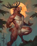 2024 4:5 4_fingers anthro antlers biped breath chest_tuft claws crotch_tuft deer finger_claws fingers forest forest_background full_moon fur hi_res hooves horn male mammal moon muscular muscular_male nature nature_background nipples nude pecs plant realistic short_tail signature solo tail taran_fiddler tree tuft werecreature weredeer weretober