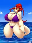 2016 anthro averyshadydolphin big_breasts big_butt bikini breasts butt clothing cloud curvy_figure dragon eyewear female glasses goggles hair hi_res huge_breasts huge_thighs jou legs_in_water looking_at_viewer markings mythological_creature mythological_scalie mythology non-mammal_breasts partially_submerged red_hair scalie sea sky sokajou solo submerged_legs swimwear tail thick_thighs two-piece_swimsuit voluptuous water wide_hips