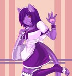 5_fingers absurd_res accessory anthro apron clothing collar colored_nails domestic_cat ear_piercing felid feline felis female fingers gesture hair headband hi_res lipstick maid_uniform makeup mammal nails near_reya nova-aurora pawpads piercing purple_hair purse solo uniform vtuber waving