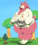 alythewolfcat animal_crossing anthro big_breasts breasts canid canine canis female freya_(animal_crossing) fur hi_res huge_breasts huge_hips mammal nintendo pink_body pink_fur plant solo sweater_dress tree watering_can wide_hips wolf