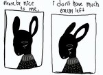 :x ambiguous_gender anthro black_body black_fur bodily_fluids clothed clothing comic crying dialogue digital_media_(artwork) ears_back english_text fur greyscale lagomorph leporid long_ears low_res mammal monochrome pivoted_ears rabbit sad simple_background solo sweater tears text tired topwear unknown_artist white_background