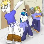 1:1 8-bit_(mlp) anthro arm_around_shoulders assisted_exposure blonde_hair blue_bottomwear blue_clothing blue_eyes blue_hair blue_highlights blue_topwear bottomwear briefs brown_body brown_bottomwear brown_clothing brown_fur brown_hair bulge bully bullying clothing crossed_arms equid equine eyewear fan_character flailing friendship_is_magic fur fuze gaffer_(mlp) gizmo_(mlp) glasses green_eyes green_hair group hair hallway hasbro hi_res highlights_(coloring) hooves horn hug inner_ear_fluff inside kneeling laugh locker long_hair male mammal mane mohawk my_little_pony mythological_creature mythological_equine mythology nerd open_mouth orange_body orange_fur pants pantsing prank public purple_eyes school shining_armor_(mlp) shirt short_hair shorts simple_background smile smirk standing stubble surprise teeth tighty_whities tongue topwear tripping tuft underwear unicorn white_body white_bottomwear white_briefs white_clothing white_fur white_underwear