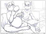 4:3 anthro bed breasts canid canine clothed clothed/nude clothed_male clothing comic container cup duo eyes_closed faf fafcomics female food fox furniture greyscale hetty_(faf) jimmy_(faf) male mammal monochrome nude obese obese_female overweight overweight_female tea_cup