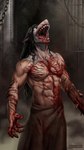 absurd_res angry anthro blood blood_on_chest bodily_fluids cage chain covered_in_blood crow_mauler digital_media_(artwork) fear_and_hunger fish hair hi_res human hybrid long_hair madness male mammal marine melee_weapon screaming shark shirtless solo spikes tattoo techiesxc teeth tongue weapon white_eyes