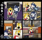 anthro bau_husky black_nose blue_body blue_eyes blue_fur canid canine canis clothed clothing comic domestic_dog duo encounter eyebrows felid fur gab_(comic) gab_shiba gabshiba half-closed_eyes husky lion looking_at_another looking_back looking_back_at_another male mammal multicolored_body multicolored_fur narrowed_eyes nordic_sled_dog pantherine public_transportation question_mark rapid_transit running shiba_inu sitting sleeveless_jacket solo spitz subway subway_station text thick_eyebrows tickling tickling_belly turning_around two_tone_body two_tone_fur url white_body white_fur yellow_body yellow_fur