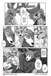 ailurid angry annoyed anthro antlers beastars canid canine canis cervine clothing comic deer dialogue duo eating english_text food footwear fudge_(beastars) group hand_under_chin happy hi_res hoodie horn jacket legoshi_(beastars) louis_(beastars) male male/male mammal muscular pizza pleading_eyes red_deer red_panda sad shirt shoes smile spiritd tail tail_motion tailwag teasing text theater topwear url whispering wolf worried