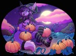 absurd_res anthro canid canine clothing emberfox female fennec_fox food footwear fox fruit halloween halloween_2024 hat headgear headwear hi_res holidays leggings legwear magic_user mammal plant pumpkin purple_body samhain socks solo tidehardt true_fox witch